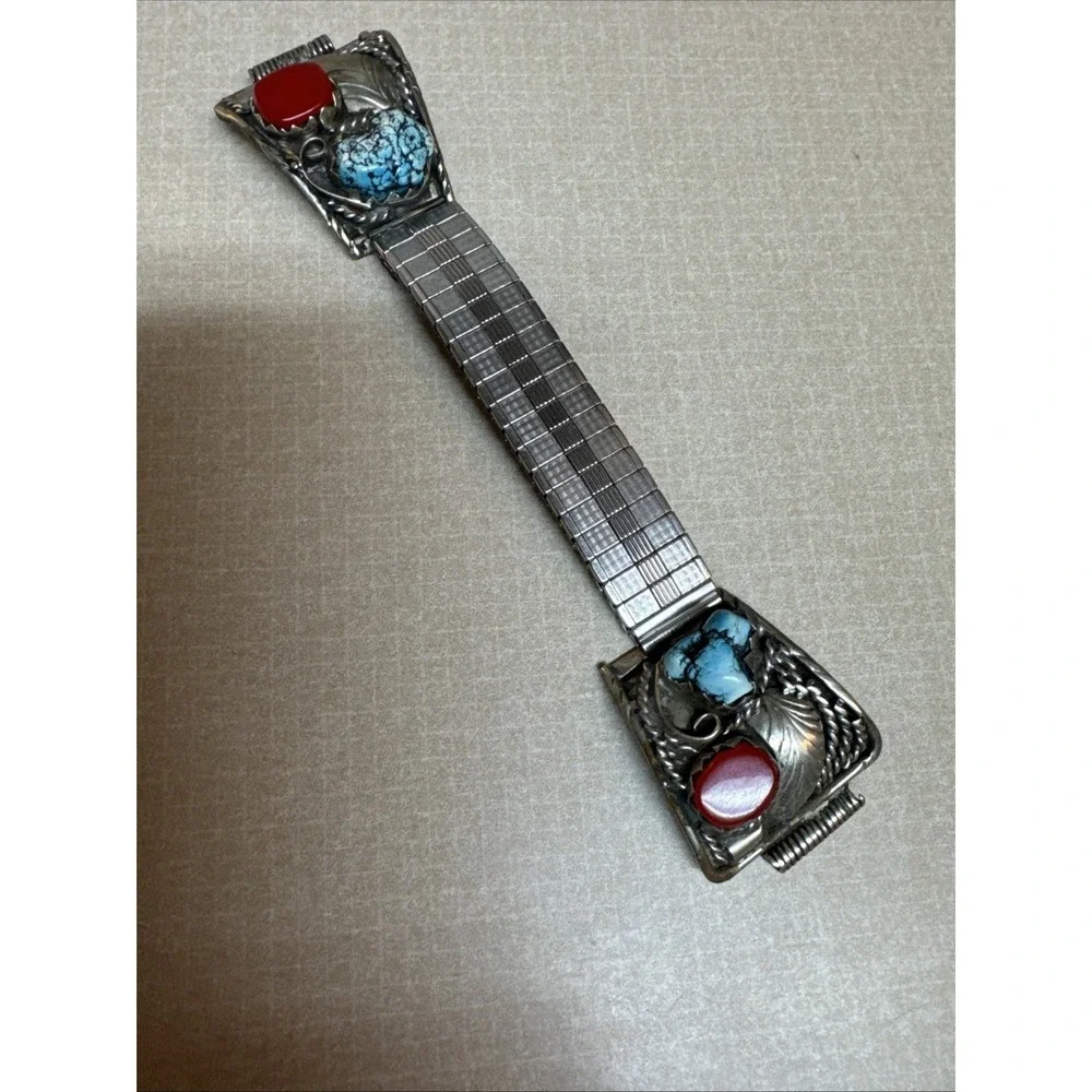 Vintage Native Sterling Silver Turquoise Coral Mens Watch Band